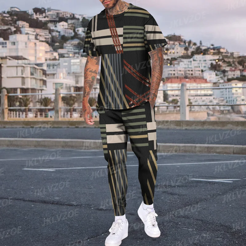 Summer Men's Tracksuit Plaid Stripes Pattern T-Shirt Trousers Set Male Fashion Clothing Vintage Streetwear Casual Stylish Suit