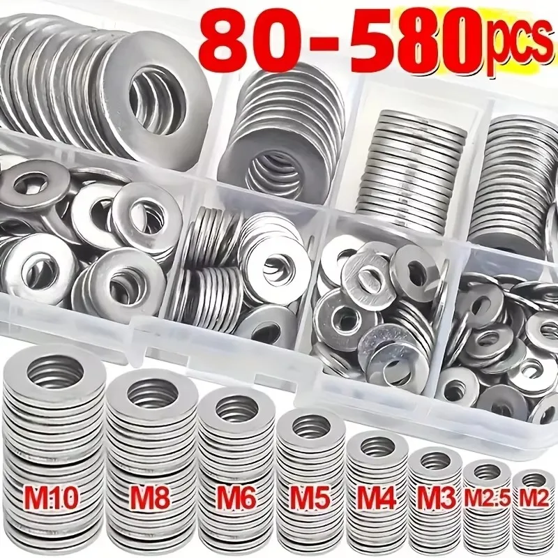 Stainless Steel Flat Washer Set 580PCS 9 Sizes M2-M12 Screws Mud Flaps Home Decor Factory Repair