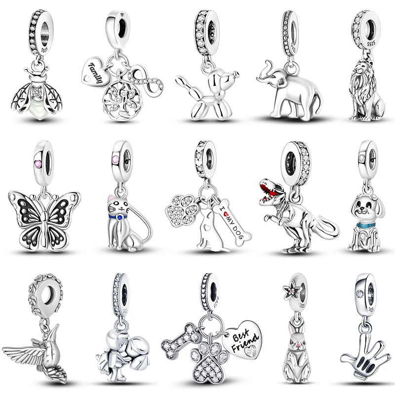 100% 925 Sterling Silver Lion Dog Elephant Firefly Cat Tree Of Life Animal Charms Fit Pandora 925 Original Bracelets DIY Jewelry