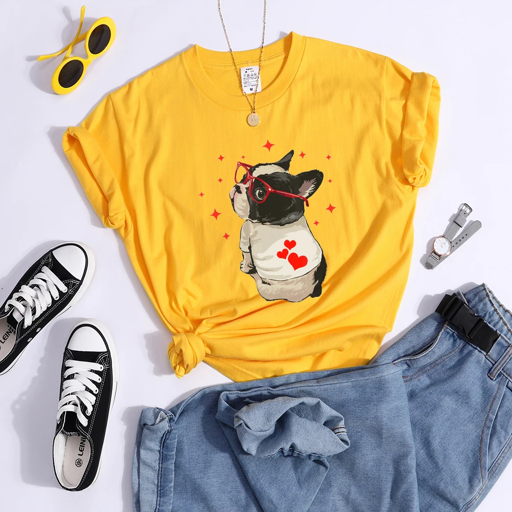 T-Shirt femme, humoristique et mignon, avec chien américain Boston Terrier, à la mode, Cool, de rue, Hip Hop, doux et respirant, 715_voghion.com