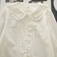 New Autumn 100% Cotton White Shirts Women Solid Cute Tops Girl Peter Pan Collar Long Sleeve Chic Lace Blouses Spring T39134QM - Image 3