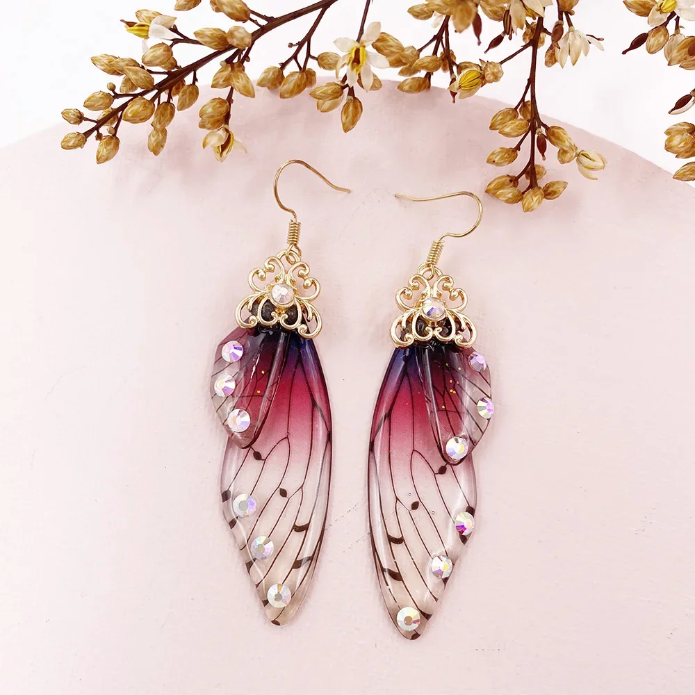 Fairy Rainbow Gradient Resin Butterfly Wing Rhinestone Glitter Earrings