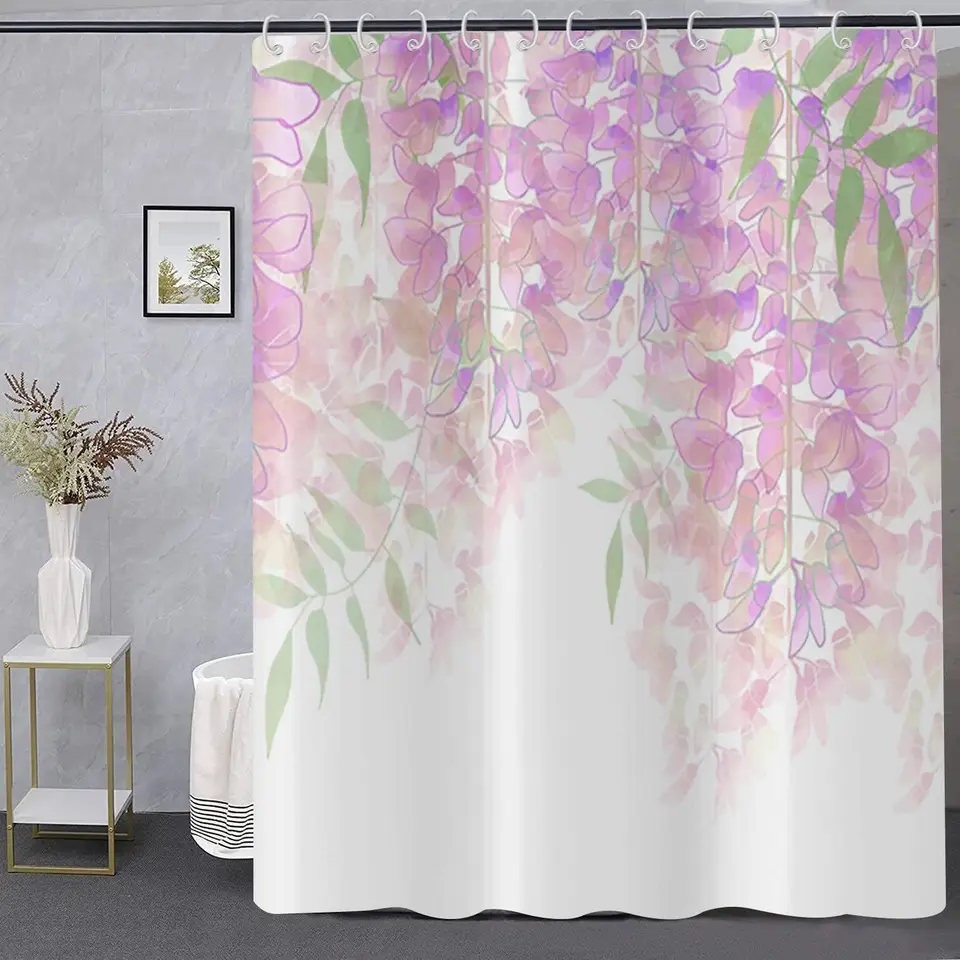Tenda Doccia LB Fiori Blu 150x180cm | Acquerello Floreale Con Ganci | Antimuffa E Impermeabile