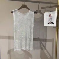 Women&Men Crystal  Rhinestones Shiny Sexy Y2K Tank Tops High Quality Party Club Sexy See Through Mesh Hollow Out Diamond shirt - Image 4
