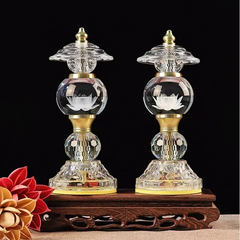 Household LED Crystal Ball Glass Lotus Lamp, Buddha Offering Lamp, Prayer, Feng Shui, Eternal Light of Buddha Hall, Tools