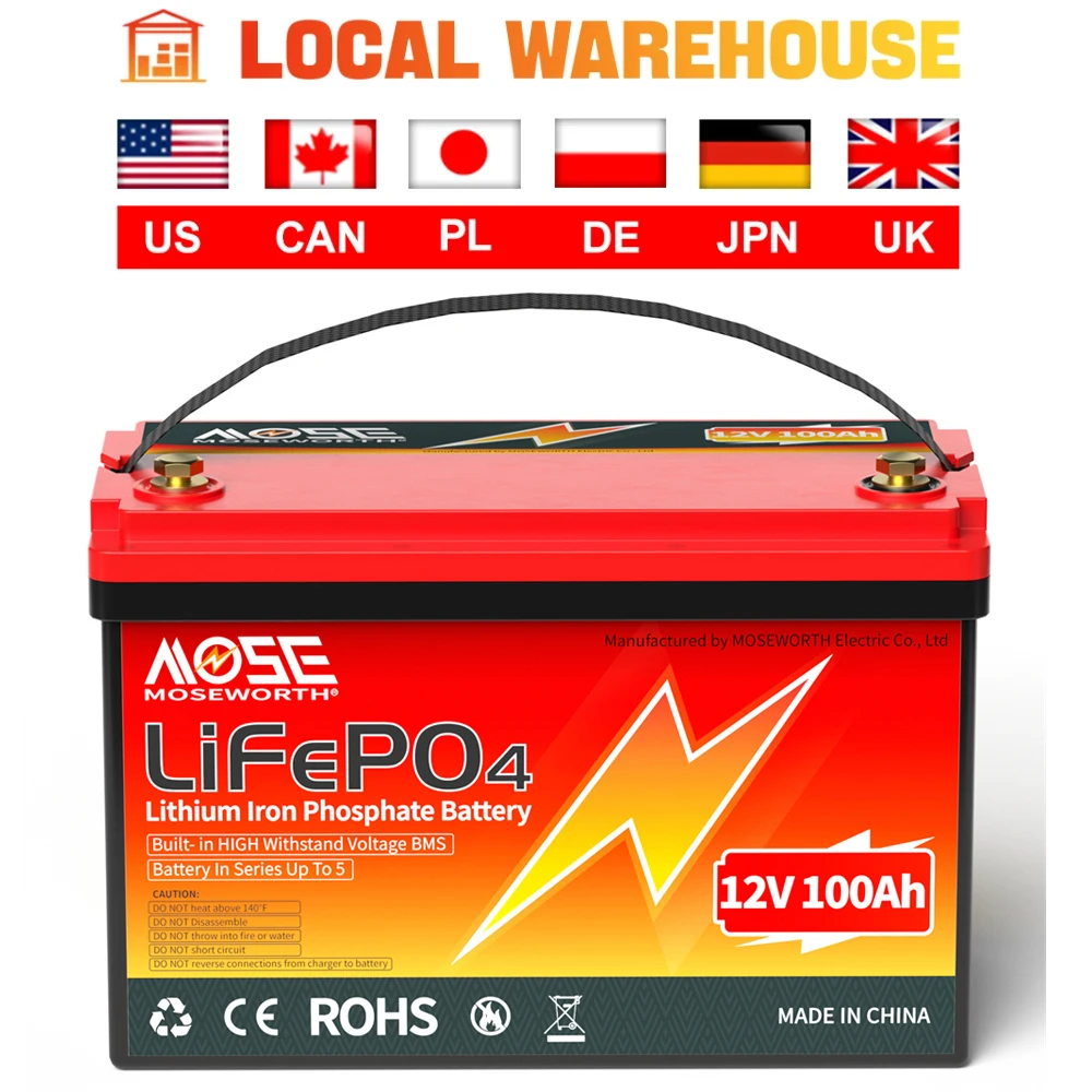 

MOSEWORTH 12V 100Ah Lithium Battery Series or Parallel Lifepo4 Battey Built-in BMS Perfect for RV Marine Trolling Motor Solar