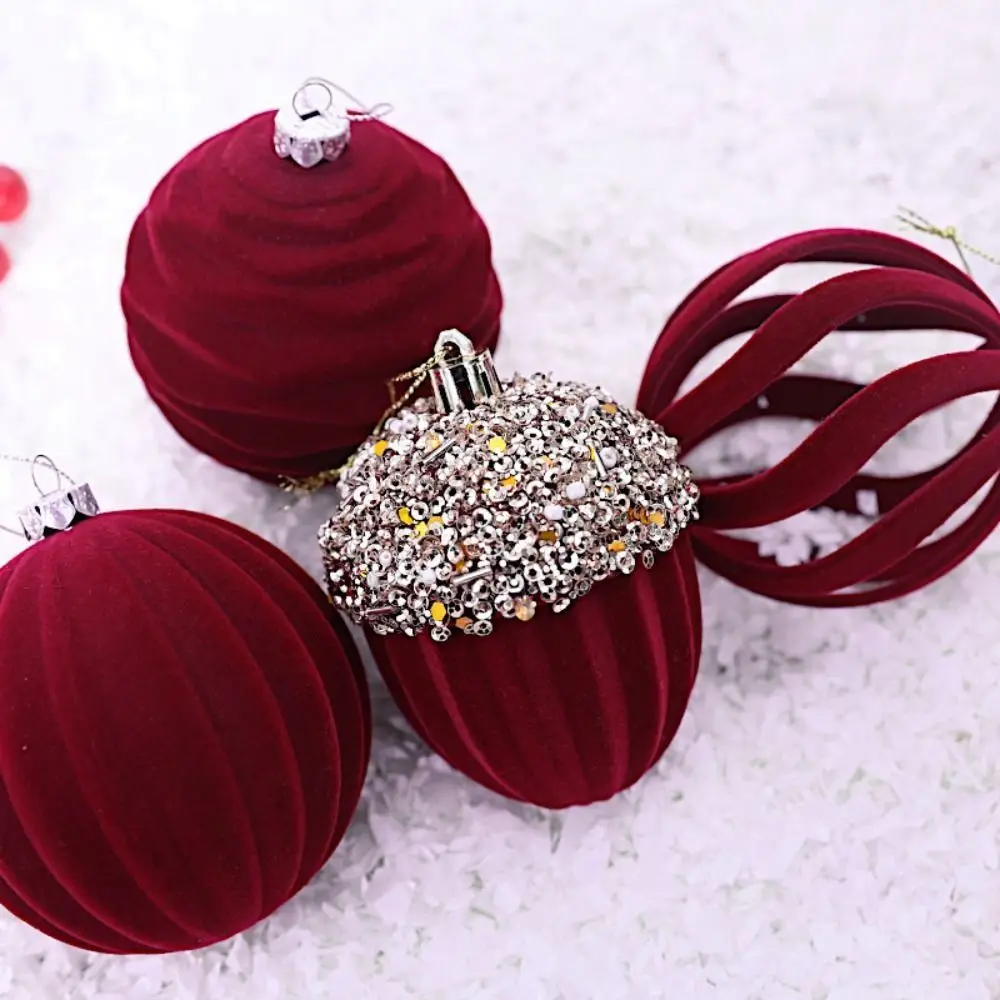 4pcs Flocked Velvet Christmas Ball Delicate Shatterproof Christmas Tree Pendant Decorative Xmas Hanging Ornament Party