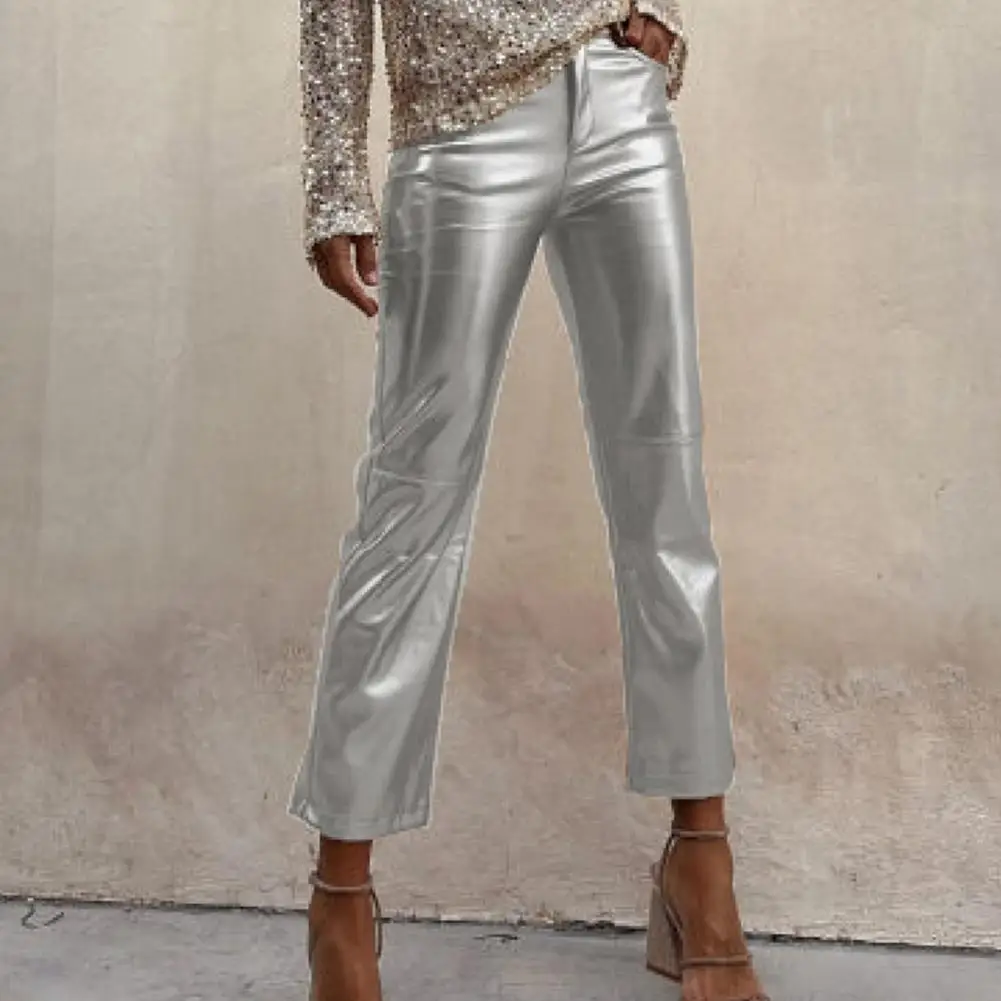 

Women Pants Slim Fit Glossy Smooth Surface Faux Leather Trousers Mid Waist Club Party Lady Ninth Pants