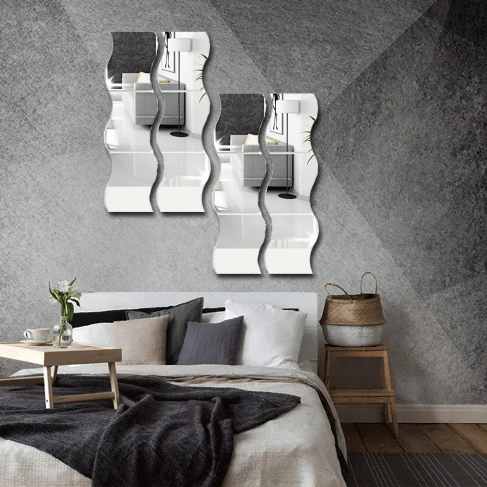 Wall stickers 6pcs 3D Wave Square Adhesive Decals Wave Shape Mirror Wall Stickers Living Room DIY Mirror Wall Mural Modern Art Home Decor