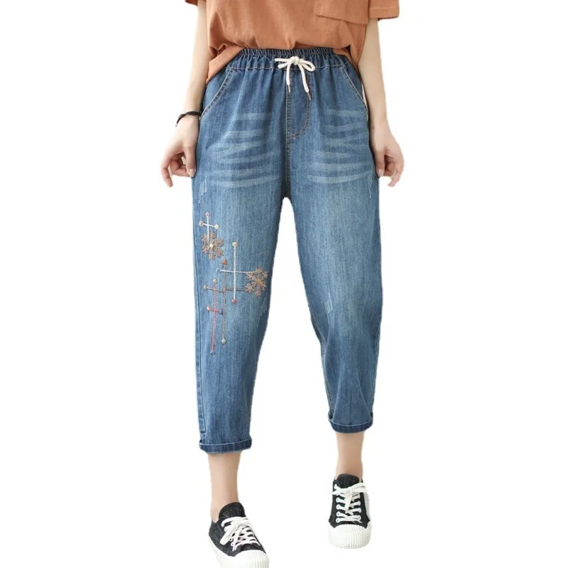 Women's Jeans Korean Capris Casual High Waist Baggy Pants Ladies Streetwear Vintage Floral Embroidery Denim Harem Trousers