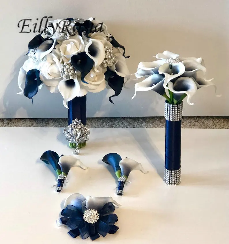 EillyRosia Navy Blue Solid Calla Lily Picasso Bridal Bouquet for Wedding Boutonnieres Bridesmaid Holding Flowers