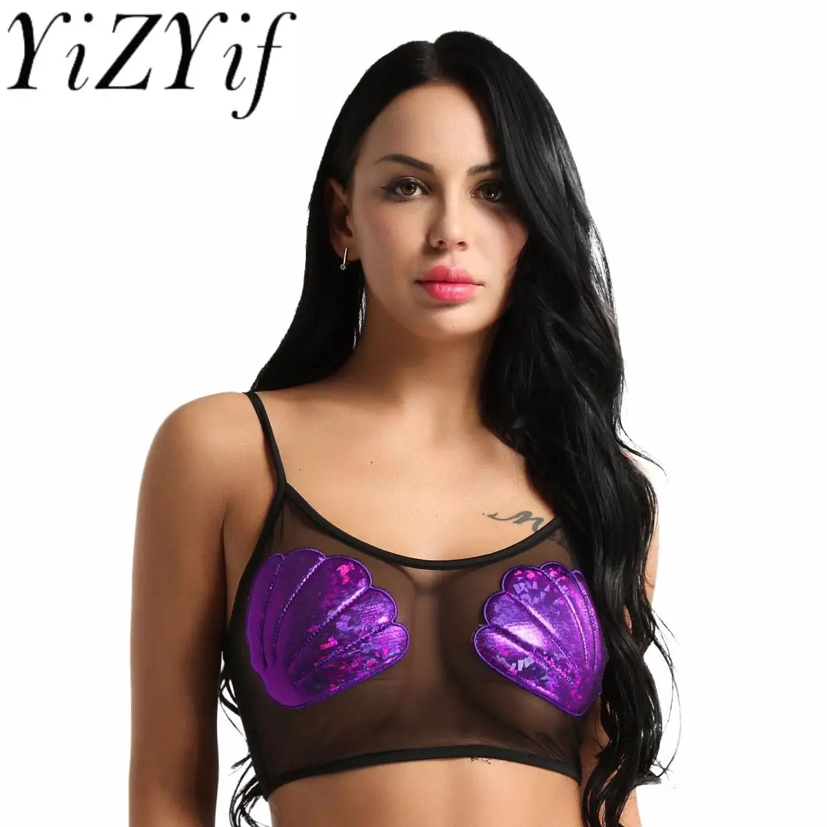 

Womens Sheer Mesh Crop Top Festive Club Party Mermaid Cosplay Camisole Bra Vest Sexy Stage Performance Pole Dance Costume