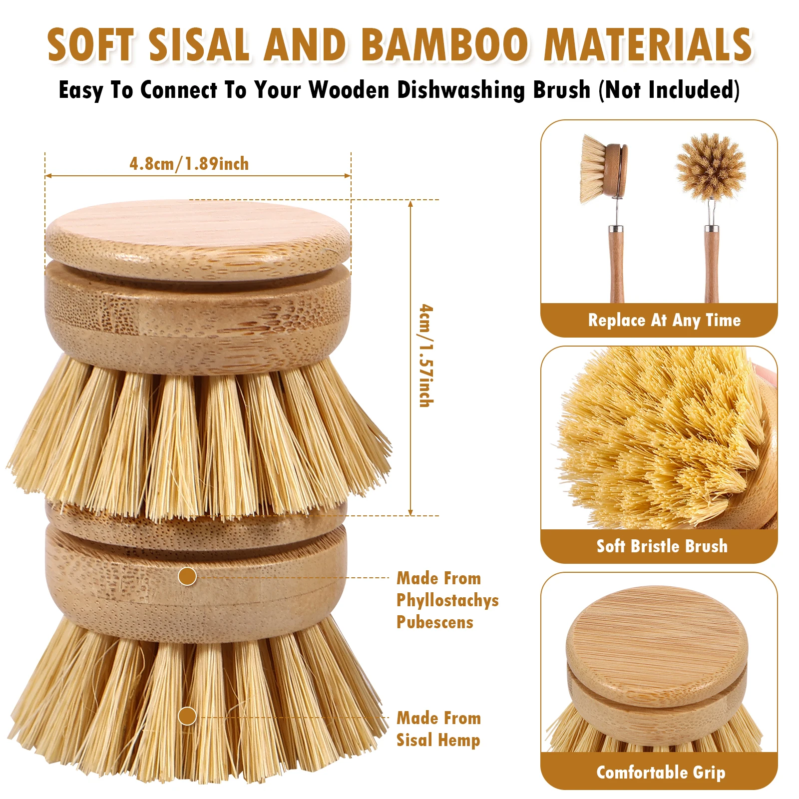 6Pcs Natural Bamboo Dish Brush Head Soft Sisal Bristle Dish Eco-Friendly Washing Up Brush Replacement Heads for Washing Pan/Pot 6