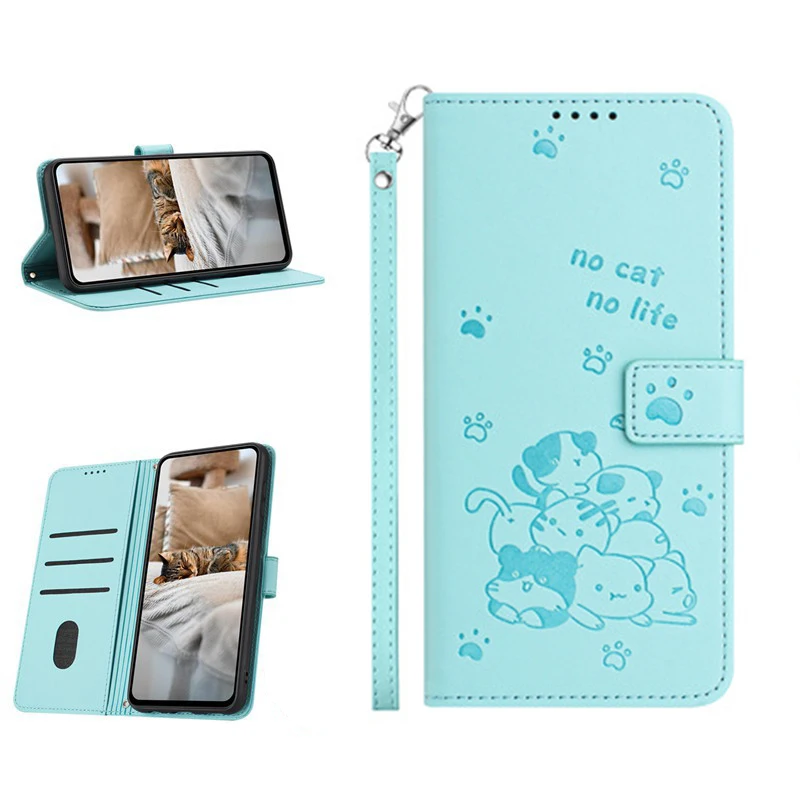 Chic Cat Lanyard Leather Flip Wallet Case with Luxury Wrist Strap and Card Slots