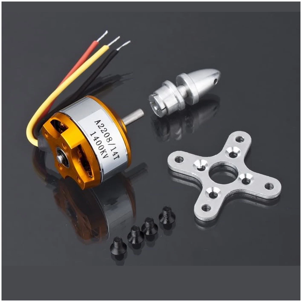 Moteur Brushless XXD A2208 posé sur fond noir, avec hélice RC à côté pour illustrer les performances optimales.