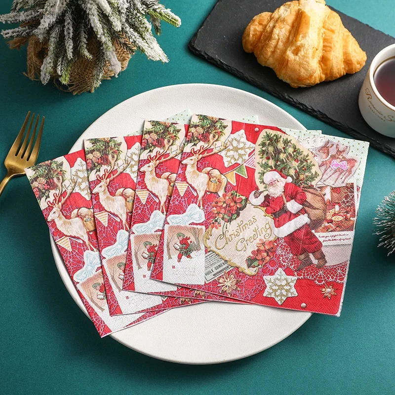 10/20pcs 33*33cm Christmas Party Decoration Paper Christmas Elements Printed Napkin Red Wine Glass Flower Dinner Plate Paper