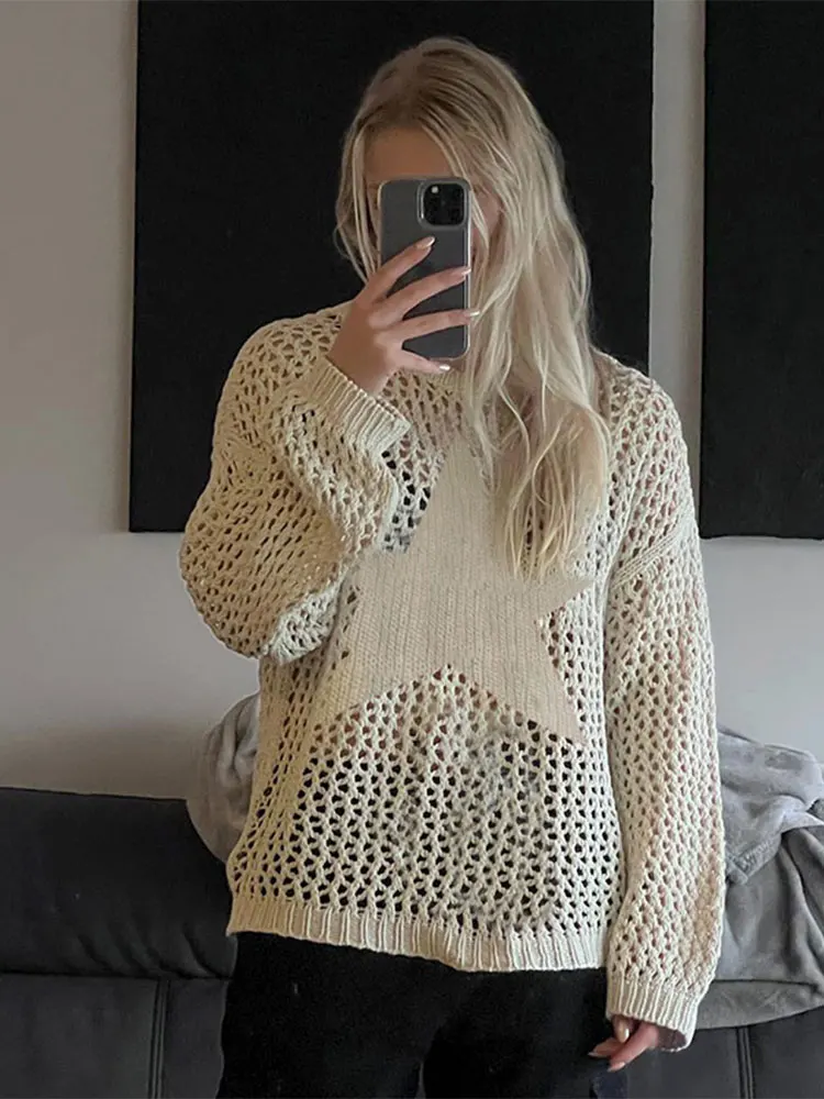 

Loose Women Round Neck Hollow Out Pullover Solid Long Sleeved Knitwear Sweater 2024 Fashion Female Vacation Jumper Tops