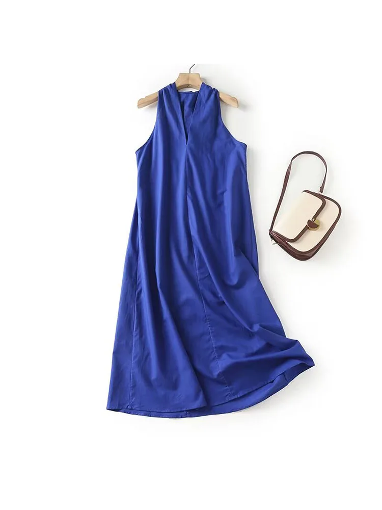 

Women 2023 Winter New Chic Fashion Back Cross Design Midi Dress Vintage Sleeveless V Neck Female Dresses Mujer