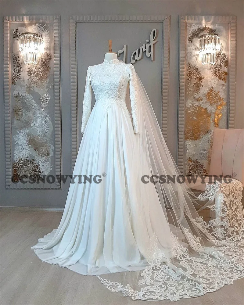 

Elegant Long Sleeve Muslim Wedding Dresses for Bride Chiffon Appliques High Neck Arabic Dubai Bridal Gown Islamic Robe De Mariée