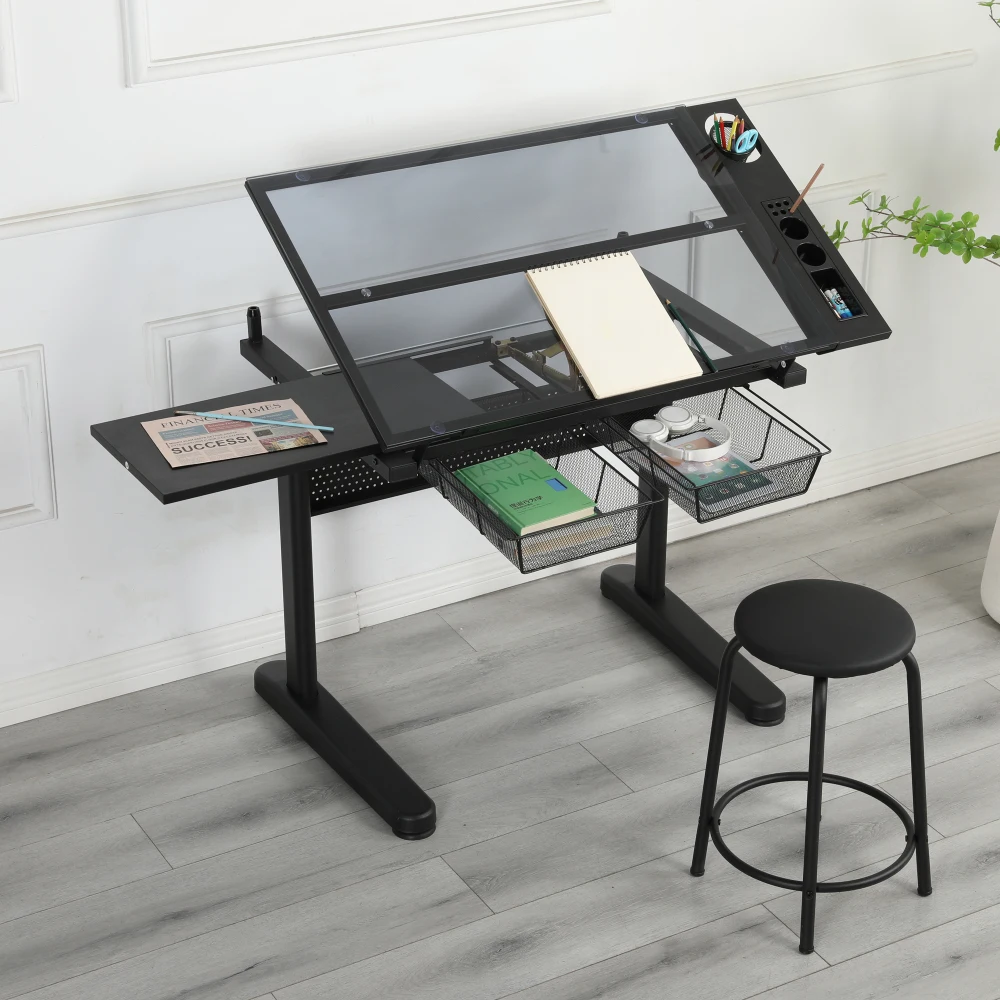 hand crank adjustable drafting table drawing desk with 2 metal drawers (BLACK)WITH STOOL