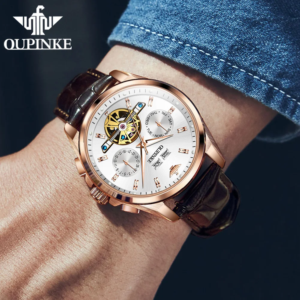 OUPINKE 3291 Men Watch Luxury Mechanical Watch Luminous Sapphire Mirror Leather Strap Multifunctional Chronograph With Box