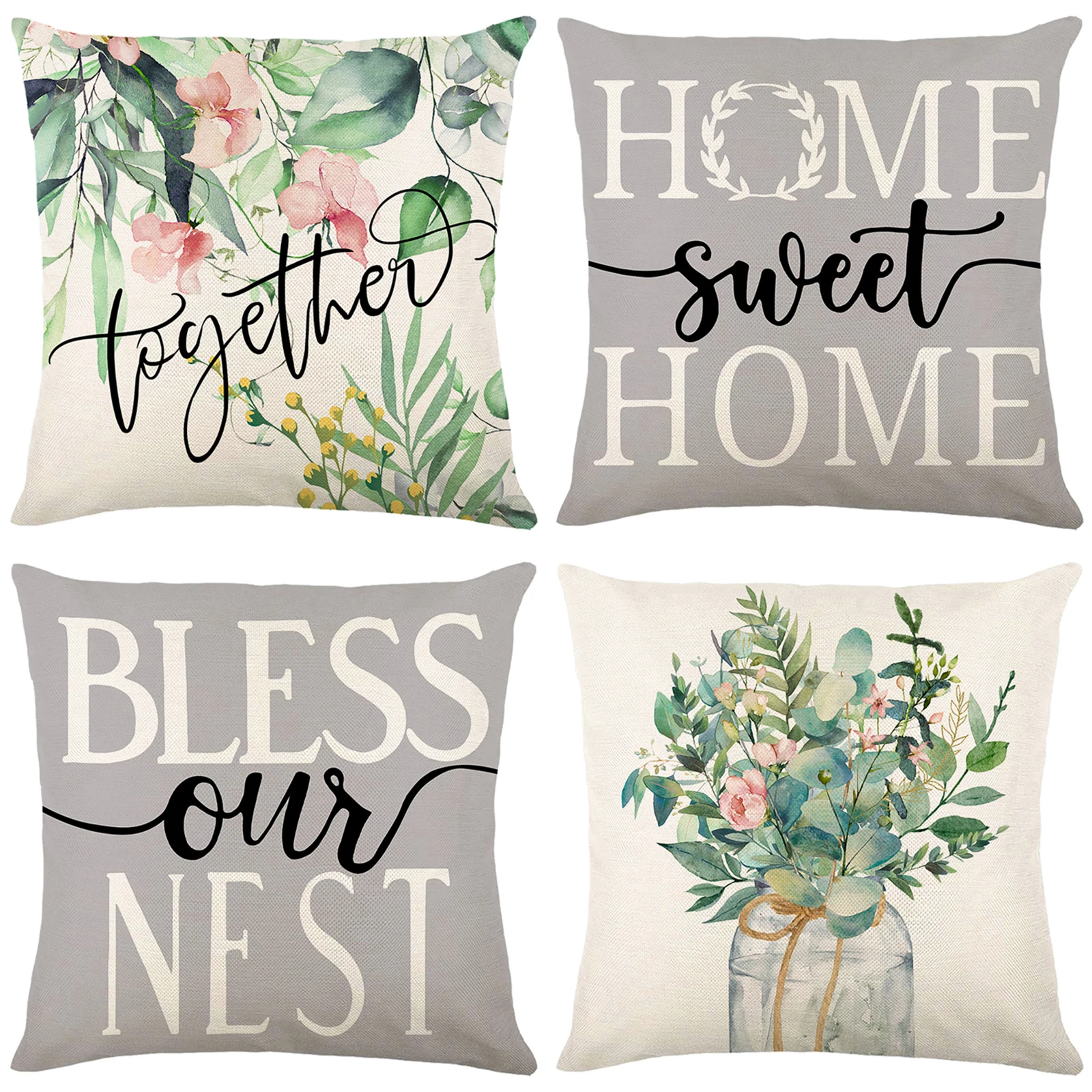 4Pcs Floral Throw Pillow Cases Square Linen Waist Protection Cushion Cover Bed Sofa Pillow Covers Home Decor Pillowcases 45x45CM