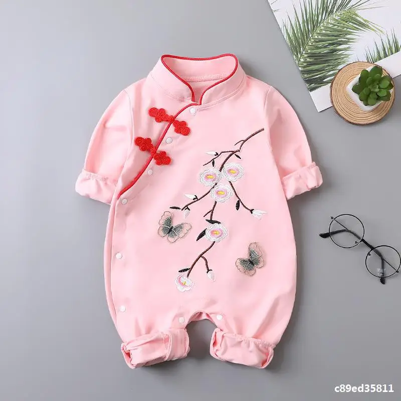 Chinese Traditional Jumpsuit For Girls Newborn Baby butterfly Hanfu Red Tang Suit Romper Chinese New Year Outfits Birthday 6