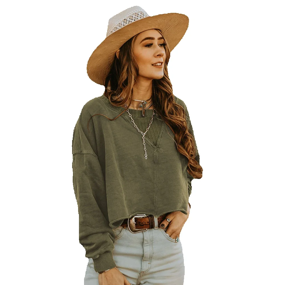

Shi Ying Green Shoulder Drop Short Open Belly Sweater Women's Round Neck Long Sleeve Top 25312436