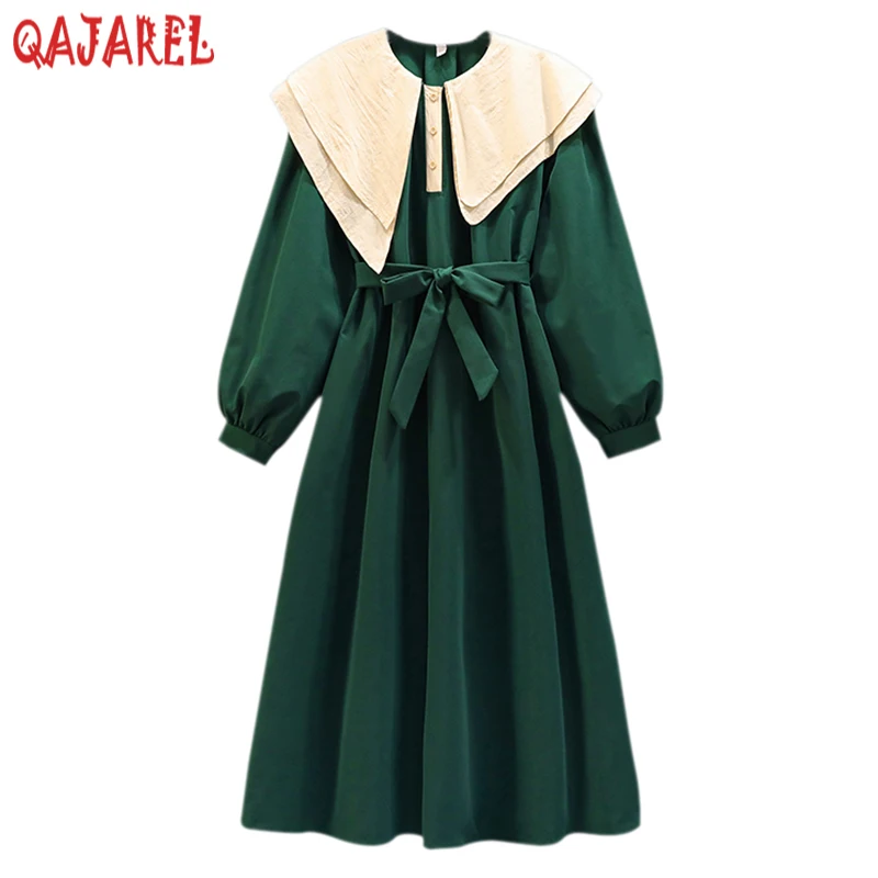 

2023 New Black Long Sleeve Doll Collar Midi Dress Autumn Winter Solid Elegant Bodycon Dress Women Korean Vintage Hepburn Dresses