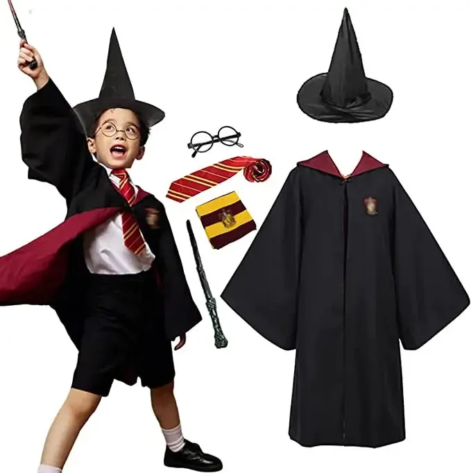 Potter Costume Robe Tie Mantello Sciarpa Bacchetta Occhiali Hermione Dress Flying Ladro Accessori Maglione Halloween Costume Cosplay Regali