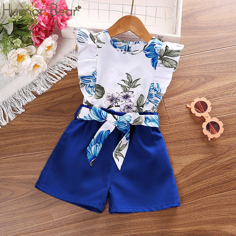 

Humor Bear Girls' New European and American Style Hanging Neck Sleeveless Printed Top and Shorts Set Vestidos Casual Outfit 4-7Y