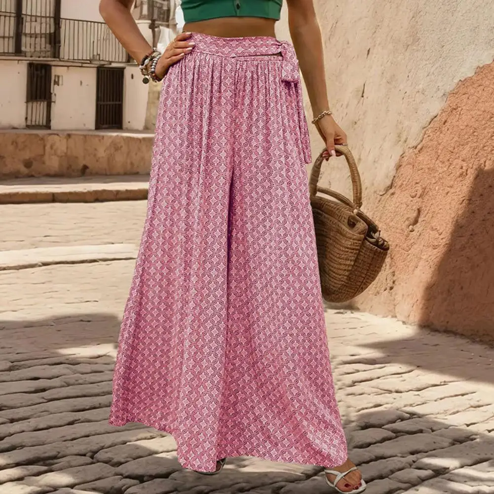 

High-waisted Pants Stylish Lace-up High Waist Wide Leg Culottes for Women A-line Printed Trousers with Crotch Ankle Length Soft