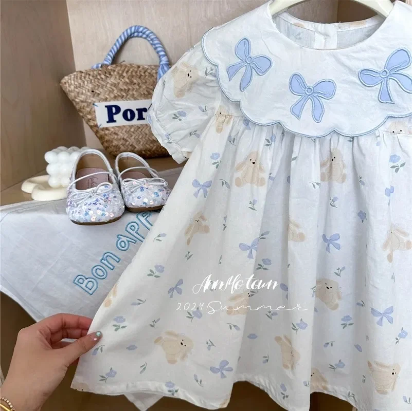 Summer 2025 Kids Clothes for Baby Girls Dress Cute Cartoon Rabbit Bow Floral Dress Sweet Party Dresses Lolita Dress 2-8y 4