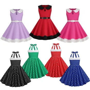 2025 Elegant 3-10T Girls Vintage Dresses Princess Children's Clothing Doll Collar Polka Dot Print Summer Fashion Baby Dress 50s 1