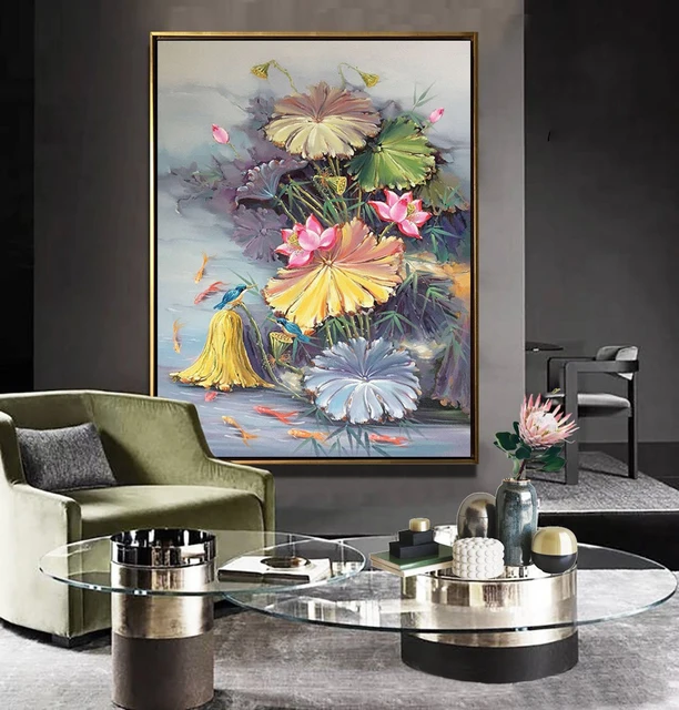 Lotus Flower Oil Painting Hand Painted Large Wall Art Abstract Floral Landscape Textured Paintings Handmade Artwork For Home Art