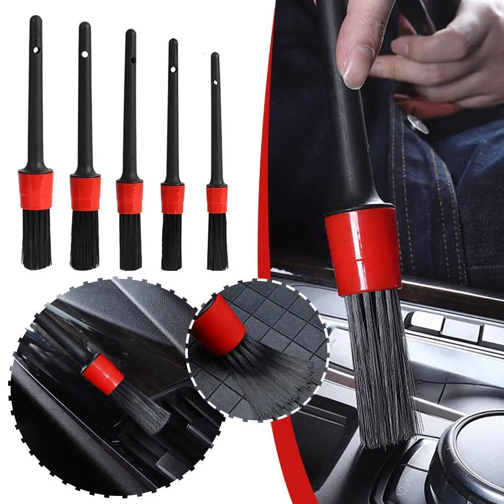 

5pcs Car Detail Brush Soft Hair Solid Color Wheel Tire Interior Leather Air Vents Car Cleaning Kit Tools