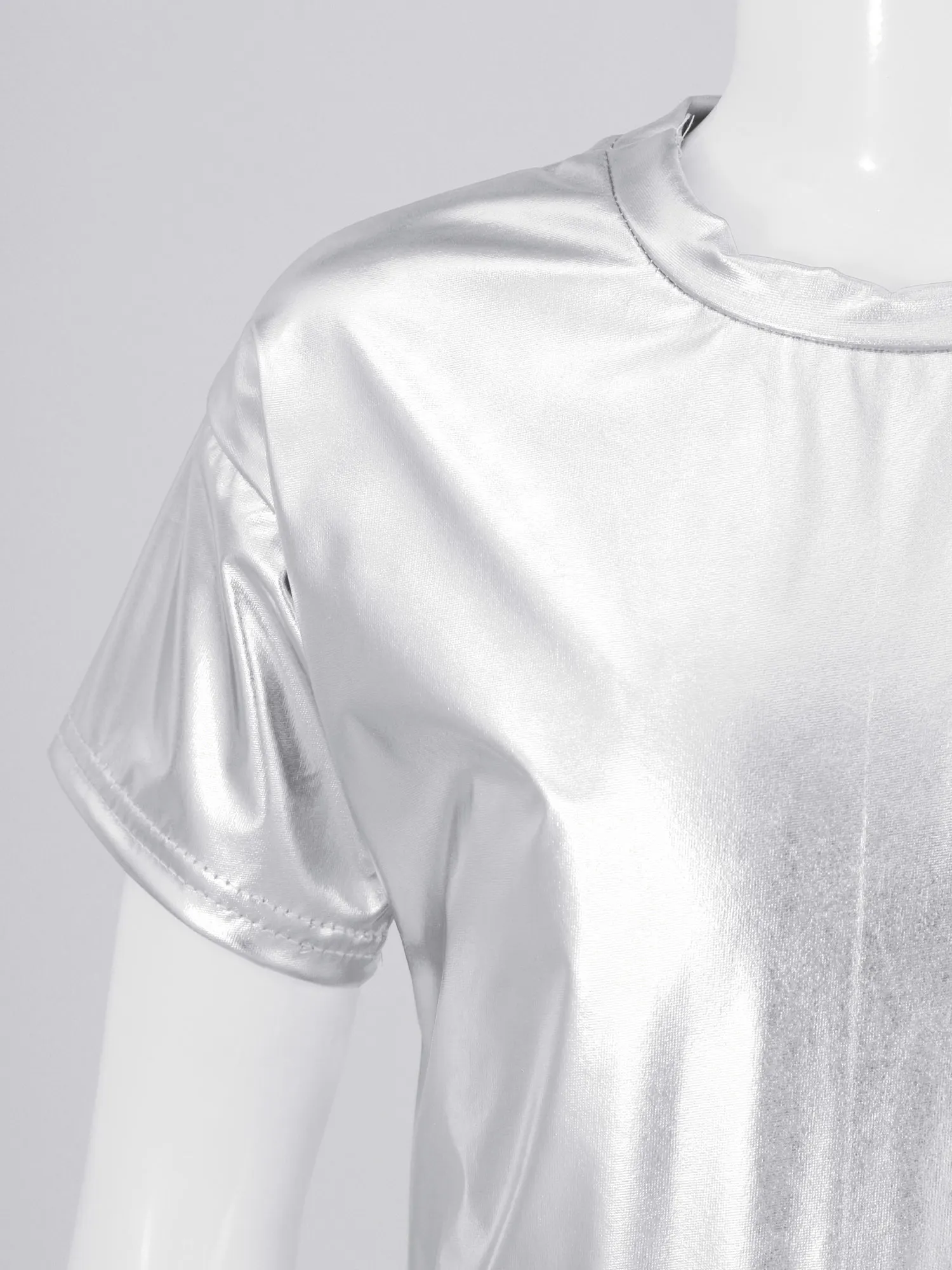Kids Girls Boys Jazz Hip Hop Dance Competition Stage Performance Tops Dancewear Metallic Shiny Short Sleeve Round Neck T-shirt