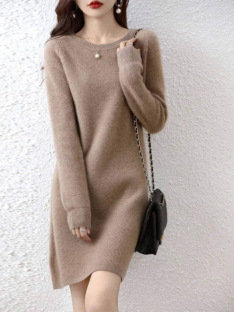 100% Merino Wol Gebreide Trui Vrouwen Jurk Winter/Herfst O-hals Vrouwelijke Jurken Lange Stijl Jumper Meisje Kleding