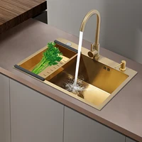 Gold Kitchen Sink,Rectangular Sink Single Bowl Sink with Draining Basket&Gold Soap Dispenser&Gold Faucet 60*45CM 2