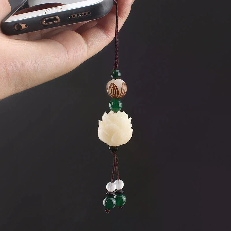 Vintage handgemachte geschnitzte Bodhi Lotus Blume Schlüsselanhänger für Frauen Männer Holz Schmuck hängen Charms einfache Perlen Schlüsselanhänger