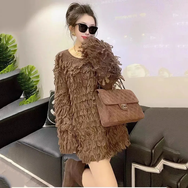 Spring Autumn V-Neck Women knitted Long Pullover Long Sleeve V-Neck Runway Long Jumper Women Cashmere Wool Tassel Sweater 368