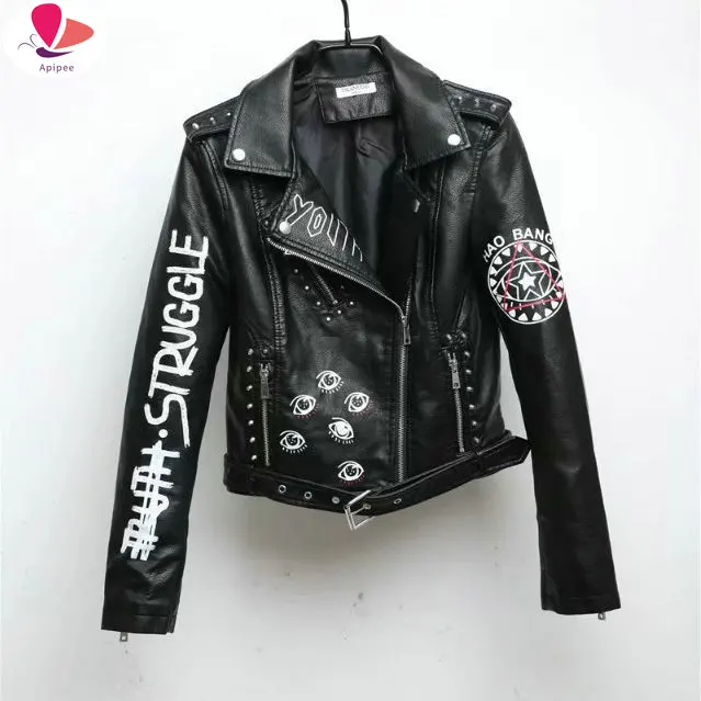 

2024 New Women Autumn Winter Faux Soft Leather Jackets Coats Lady Black PU Rivet Zipper Epaulet 3D Print Motorcycle Streetwear