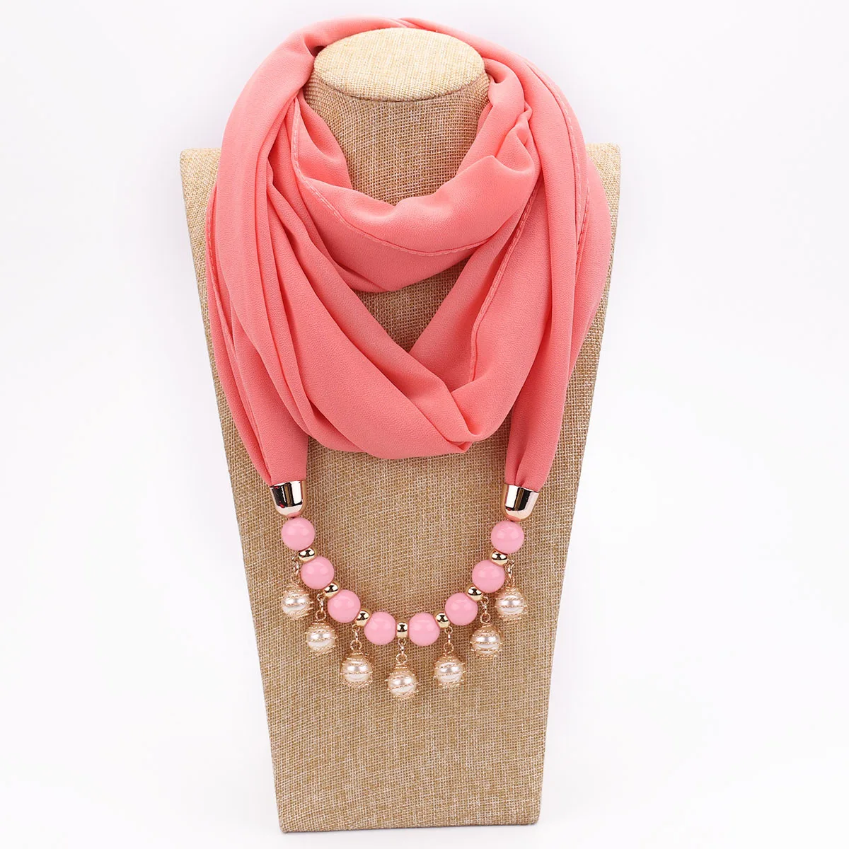 Sc41c42d982e645c1b8aae2671c2bcca5V Women Chiffon Neckerchief Hijabs Scarf Necklaces Beads Pearls Solid Color Jewelry Shawl Pendant Scarves Bohemia Head Scarf Mallzona