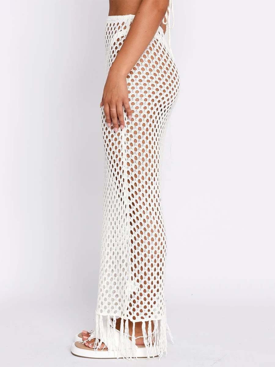 Women Sexy Hollow Out Mesh Tassle Skirts Beach Cover Up Summer Fish Net Swimsuit Wrap Sheer Long Sarong Swimwear Pool