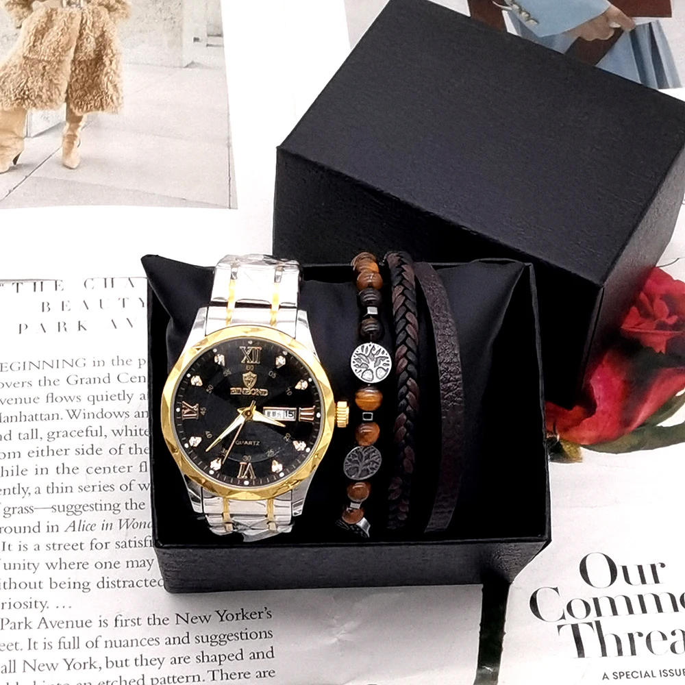 Luxury Top Brand Man Wristwatch Waterproof Luminous Date Week Men Watches Stainless Steel Quartz Men's Watch With Bracelet+Box