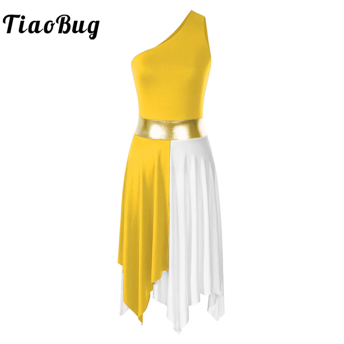 여성용 서정적 댄스 드레스, 원 숄더 민소매 컬러 블록 발레 투투 현대 볼룸 피겨 스케이팅 드레스 