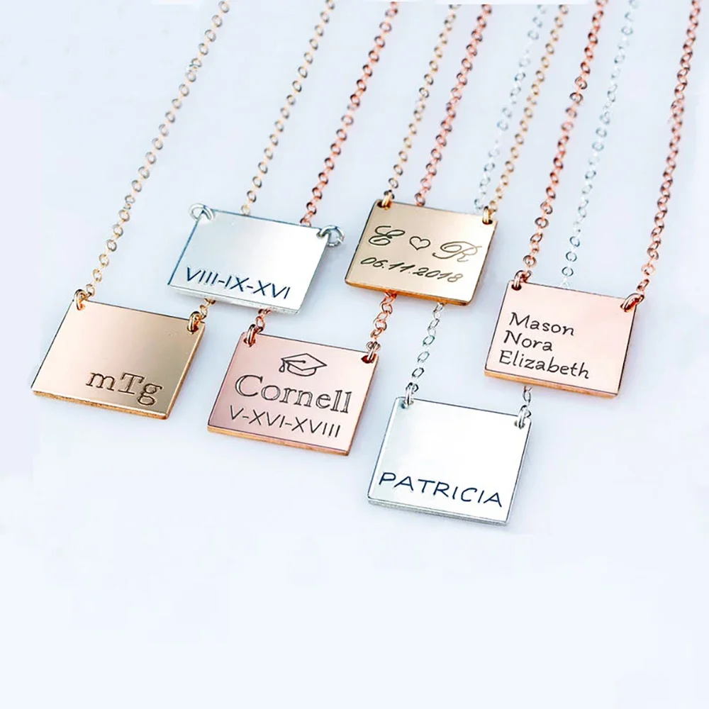 Mini-World Customized Square Engraved Name Necklace Pendant Stainless Steel Personalized Women Jewelry Anniversary Party Gift