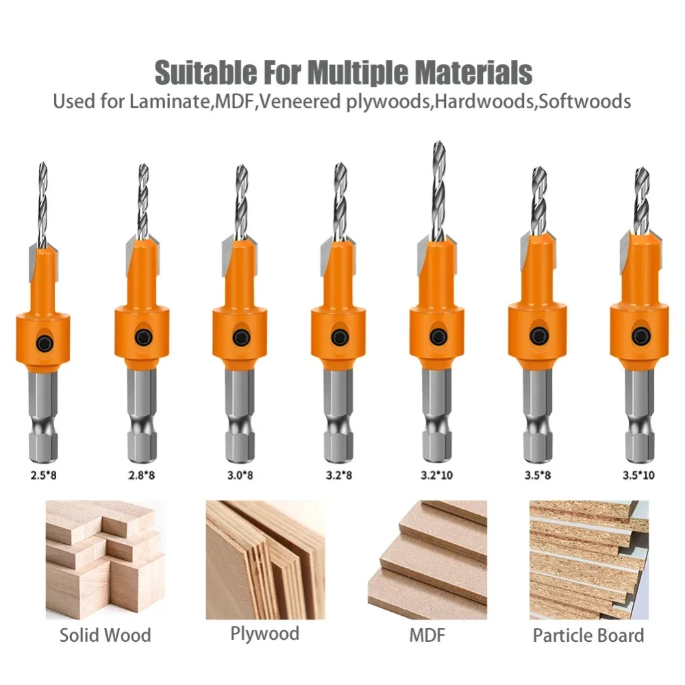 7 Pc Sets 2.5-3.5mm High Quality Hexagonal Shank HSS Countersink Woodworking Router Bit Set Milling Cutter Demolition Drill Bits