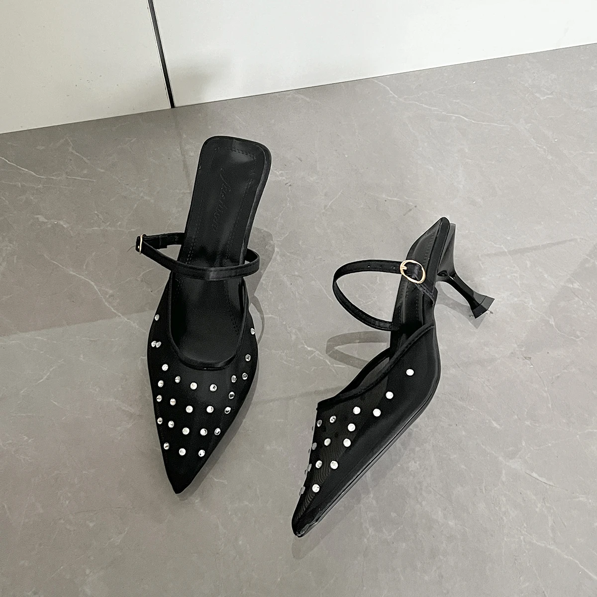 Aphixta Med Heels Elegant Women Slides Crystal Mesh Shallow Summer Dress Slides Silver Sexy Thin Heels Shoes Size 42