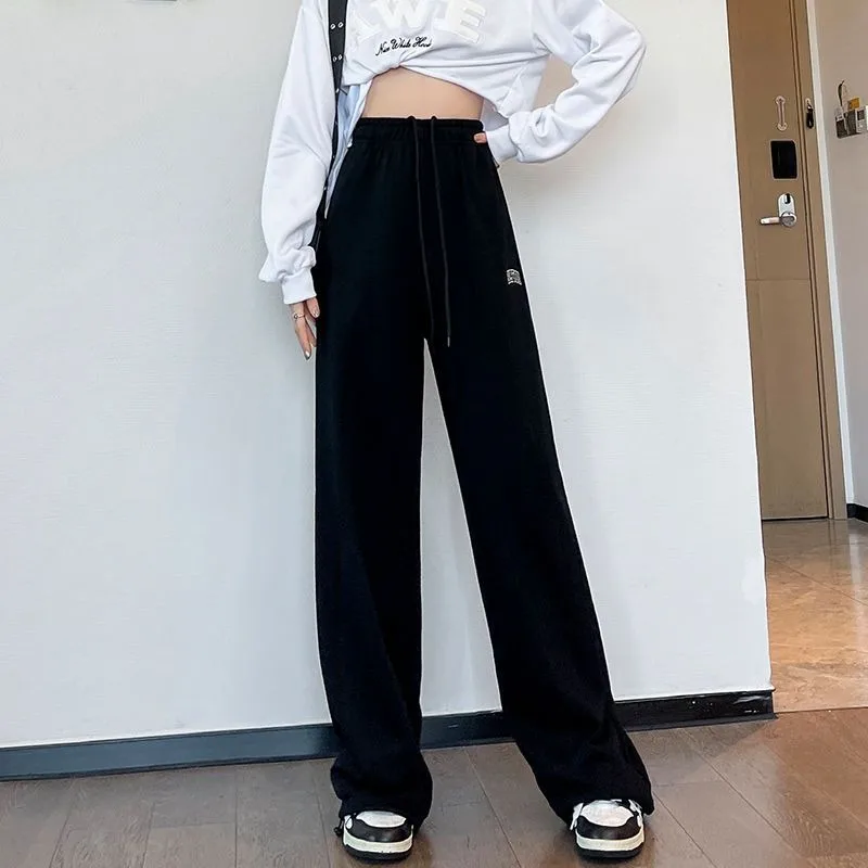2023 Spring Autumn Black Sweatpants Women Corset Loose Tight High Waist Wide Leg Straight Casual Mop Students Sports Pants 2021 spring and summer korean loose vertical stripes straight casual pants sports wide leg pants women s high waist drape